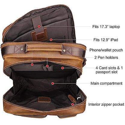 TIDING 17.3 Inch Full Grain Leather Laptop Backpack for Men Multi Pockets Casual Daypack Travel Rucksack - color: Brown