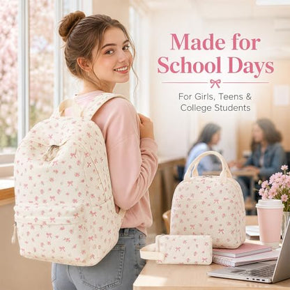Bluboon School Backpack Set Girls Womens Laptop Bookbag Casual Daypack Fits 15 inch Laptop with Lunch Tote Bag and Pencil Bag - color: Pink Bow Flower 212-beige