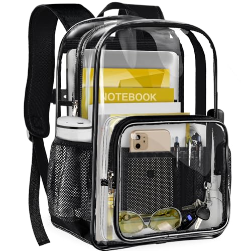 Clear Backpack Transparent Heavy Duty Bookbag See Through Bag with Reinforced Bottom for College, Travel, Workplace Security - Black - color: Black
