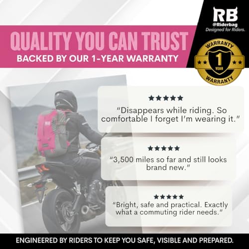 riderbag Reflective Motorcycle Backpack, Hi Viz Commuter Riding Bag | Designed by Riders for Everyday Rides with Laptop Compartment and Helmet Net. Built to Help You Be Seen. - color: Pink