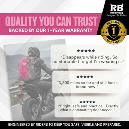 riderbag Reflective Motorcycle Backpack, Hi Viz Commuter Riding Bag | Designed by Riders for Everyday Rides with Laptop Compartment and Helmet Net. Built to Help You Be Seen. - color: Pink