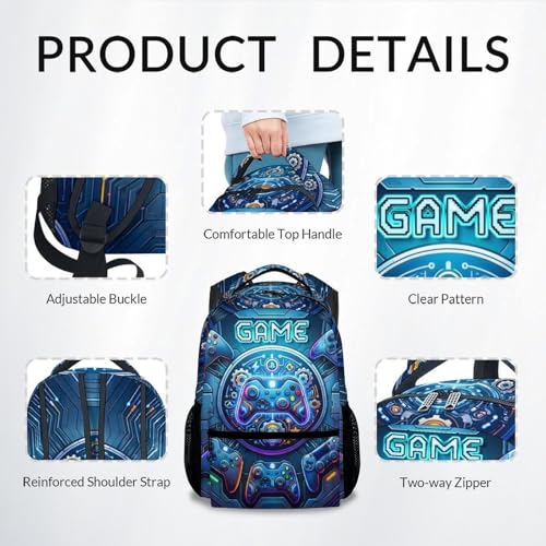 Backpack for Boys Gaming School Bag for Kids Teens Gamer - 17 Inch Large Capacity Bookbag with Video Game for Elementary Middle School - color: Blue