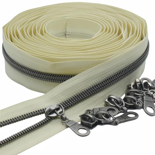 MebuZip #5 Gunmetal Metallic Nylon Coil Zippers by The Yard Bulk Coil Zipper Roll 10 Yards with 25pcs Pulls for DIY Sewing Craft Bags (Beige) - color: Gunmetal Beige