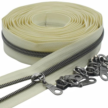 MebuZip #5 Gunmetal Metallic Nylon Coil Zippers by The Yard Bulk Coil Zipper Roll 10 Yards with 25pcs Pulls for DIY Sewing Craft Bags (Beige) - color: Gunmetal Beige