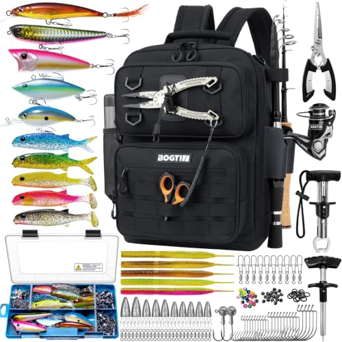 Fishing Backpack with Tackle Boxes and Rod Holders, Fishing Bag wtih Fishing Lure Kit Water-resistant Sling Tackle Bag Store Gear and Equipment, Bait Gifts for Men Woman Anglers-Dark Black Backpack - color: Dark Black