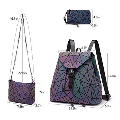 LOVEVOOK Geometric Luminous Purses and Handbags for Women Holographic Reflective Crossbody Bag Wallet - color: Backpack + Crossbody Bag + Wallet