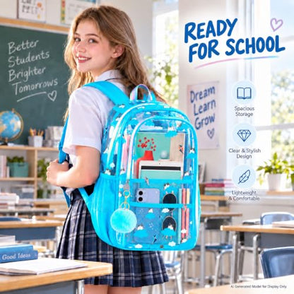 AGSDON Serene Sky Blue Clear Bookbag – Cloud Cat-Print See Through Backpack for Girls Set with Rainbow Strap, Heavy Duty 17" Women Transparent School Bag & Pouch - color: Clear Backpack Set - Cloud Cat Blue