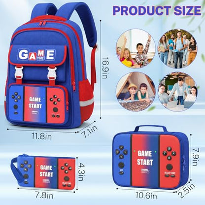 School Backpacks for Boys - 3PCS Gamer Boys Backpack with Lunch Box Set for Kids Teens, Multifunctional Bookbag for Elementary Middle School Students, 17″ Video Game Travel Bag Ages 6-18 - color: Red-blue-backpack Set