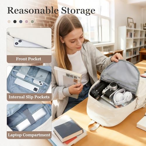 Simple School Backpack For Women Men Aesthetic Medium Backpack Lightweight Casual Daypack College Backpacks Cute Bookbag for Teens Girls Boys Basic Bagpack（Beige） - color: Beige