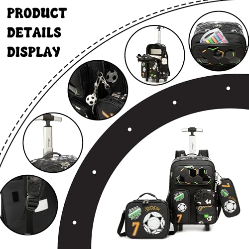 Rolling Backpacks for Boys School Backpacks with Wheels for Elementary Preschool Students Kids Travel Luggage Suitase for Boys Blake Football - color: B Black Football