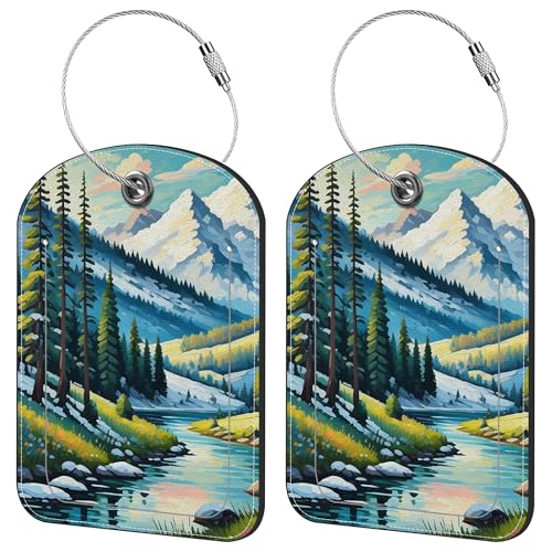 2 Pack Cute Luggage Tag for Suitcases Mountain and River Leather Luggage Tags with Stainless Steel Loop Privacy Flap Name Tags,Men and Women Travel Bag Suitcase Tags - color: Mountain and River