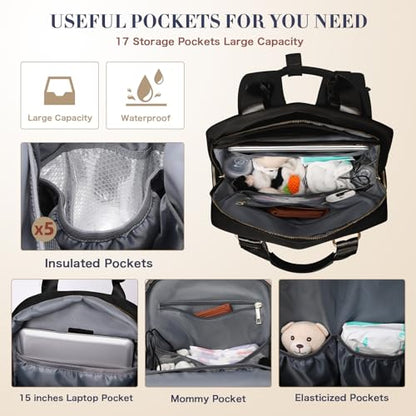 Diaper Bag Backpack Travel Baby Bag with Changing Pad,17 Pockets,Insulated Pockets,USB Charging Port,Baby Shower Essentials,Black - color: Black