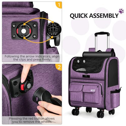 MGB Rolling Cat Carrier with Wheels: Dog Carrier for Small Dogs & Large Cats, Large Cat Carrier with YKK Zipper, Large Capacity, Breathable Mesh, Side Pocket, Purple (Not for Airline) - color: Purple