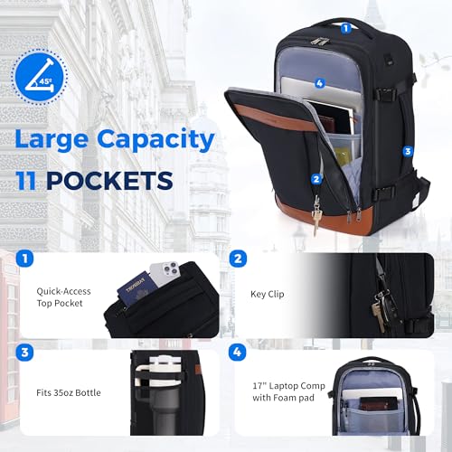 ECOHUB 19" Travel Backpack for Men Women 30L Large Carry-On Backpack with 17.3 In Laptop Compartment,Black - color: Black