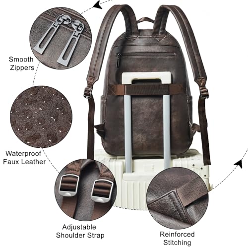 LATMAP Vegan Leather Backpack 17In Laptop Backpack for Women Travel Coffee | large capacity, laptop compartment, water-resistant, easy to wipe clean, TSA-friendly, with luggage strap & pickpocket-proof - color: Coffee Color