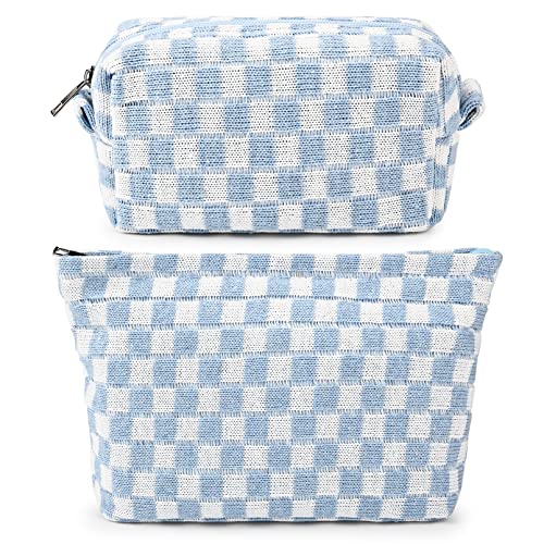 SOIDRAM 2 Pieces Makeup Bag Large Checkered Cosmetic Bag Capacity Canvas Mix Travel Toiletry Bag Organizer Cute Makeup Brushes Aesthetic Accessories Storage Bag for Women, Checkered Mix Blue - color: Blue