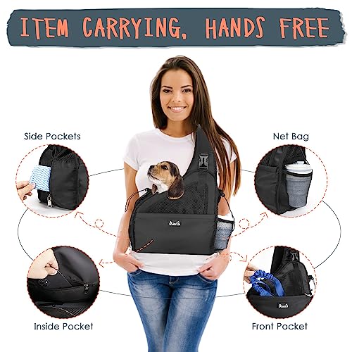 SlowTon Pet Dog Sling Carrier, Hands Free Hard Bottom Papoose Small Animal Puppy Up to 6 lbs Travel Bag Tote Breathable Mesh Support Adjustable Padded Strap Pocket Safety Belt(Widened Black) - color: Black