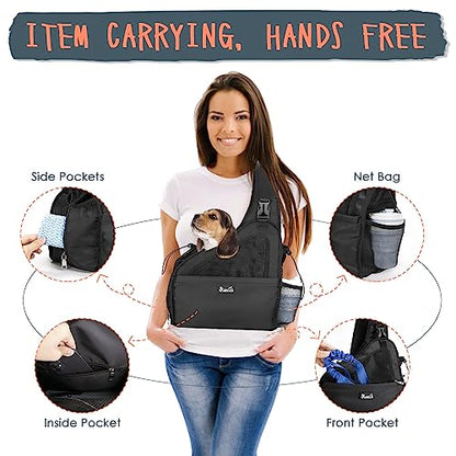 SlowTon Pet Dog Sling Carrier, Hands Free Hard Bottom Papoose Small Animal Puppy Up to 6 lbs Travel Bag Tote Breathable Mesh Support Adjustable Padded Strap Pocket Safety Belt(Widened Black) - color: Black
