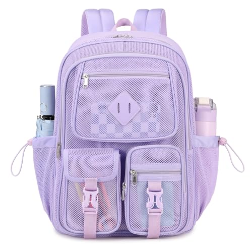 MOONBABY Mesh Backpack for School Heavy Duty See Through Net Bookbag Girls Semi-Transparent Net Back Pack for Beach, Swimming, Sports, Work, Travel (Purple) - color: Purple