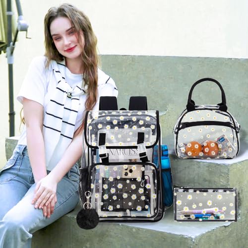 3PCS Clear Backpack, Heavy Duty Transparent Bookbag for Girls Women, Stadium Approved See Through Backpack with Lunch Box (Black Daisy) - color: Black Daisy