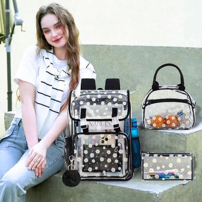 3PCS Clear Backpack, Heavy Duty Transparent Bookbag for Girls Women, Stadium Approved See Through Backpack with Lunch Box (Black Daisy) - color: Black Daisy