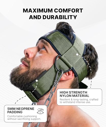 DMoose Fitness Neck Harness for Weight Lifting - Soft Padded Head & Chin Strap with 30" Heavy Duty Steel Chain - Neck Exerciser, Trainer & Strengthener to Support Injury Recovery and Intense Workouts - color: Military Green