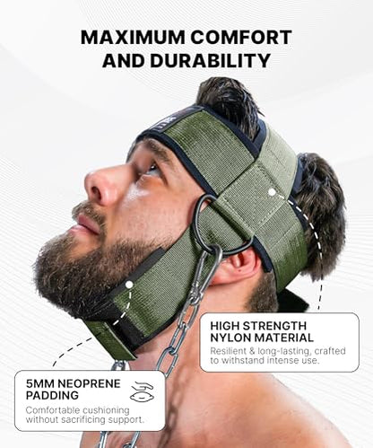 DMoose Fitness Neck Harness for Weight Lifting - Soft Padded Head & Chin Strap with 30" Heavy Duty Steel Chain - Neck Exerciser, Trainer & Strengthener to Support Injury Recovery and Intense Workouts - color: Military Green