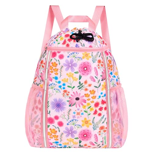WAWASAM Drawstring Backpack for Kids, Flower Kids Drawstring Gym Bag for Girls, Waterproof Swim Bag for Beach String Cinch Backpack with Two Mesh Water Bottle Pocket - color: Flower