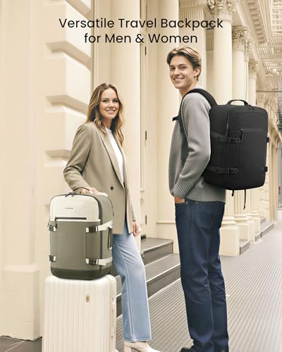 LOVEVOOK 50L Travel Backpack for Women & Men, Airline Approved Carry On Backpack with 3 Packing Cubes, TSA Personal Item Bag, Waterproof Weekender Overnight Backpack Fits 17" Laptop - color: Beige - Green Beans - Olive Green, size: X-Large-50L-4Pcs