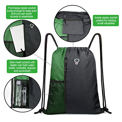 BeeGreen Green Drawstring Bag Sports Gym Backpack for Women Men Large Cinch Sackpack Day Pack with Zipper and Water Bottle Mesh Pockets (Black/Green) - color: Black/Green, style: Drawstring With Mesh Pocket