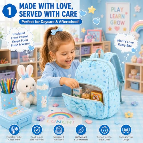 BTOOP Kids Backpack for Boys Girls 3-6, Preschool Kindergarten Backpack with Insulated Lunch Compartment & Chest Strap (Blue-Bow, Age 3-6 (14.5" H Fit Folder)) - color: Blue-bow, size: Age 3-6 (14.5" H Fit Folder)