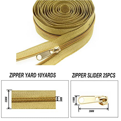 5# Gold Metallic Nylon Coil Zippers by The Yard, Bulk Gold Zipper Tape 10 Yards with 20Pcs Pulls for DIY Sewing Craft Bags YIGUANXIN - color: Gold
