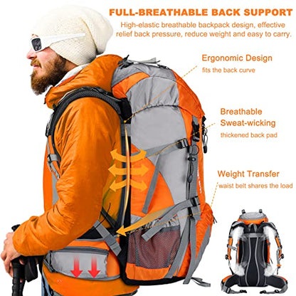 Loowoko 50L Hiking Backpack, Waterproof Camping Essentials Bag with Rain Cover, 45+5 Liter Lightweight Backpacking Back Pack - color: Orange