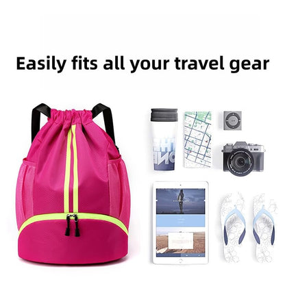 Drawstring Backpack with Separate Shoes Compartment, Water Resistant Cinch Sack Bag for Soccer Basketball Swimming Beach Sports for Men Women - color: Rose Red