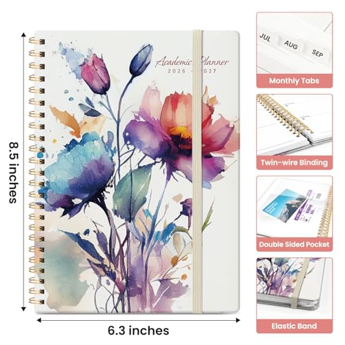 Planner 2026-2027, Academic Monthly and Weekly Calendar Planner for Women, July 2026 - June 2027, Hardcover Pretty Agenda Planner Book with Tabs, Spiral Daily Organizer for School Office Home Supplies, 6.3" x 8.5" - Painted Bloom - color: D-Painted Bloom,