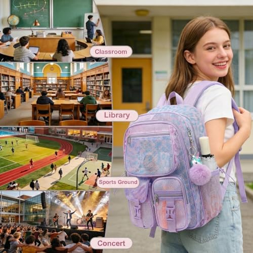 Mesh Backpack for Girls Boys, Heavy Duty Semi-Transparent Mesh Bookbag Womens Mens Mesh Backpacks for School, Sports, Beach, Swimming, Travel Purple Leopard - color: Purple Leopard