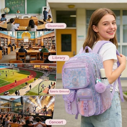 Mesh Backpack for Girls Boys, Heavy Duty Semi-Transparent Mesh Bookbag Womens Mens Mesh Backpacks for School, Sports, Beach, Swimming, Travel Purple Leopard - color: Purple Leopard