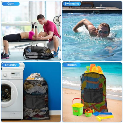 BROTOU Drawstring Backpack Gym String Bag with Pocket for Men Women Heavy Duty Mesh Bag Sport Equipment Bag for Swimming Yoga Beach Laundry - color: Black