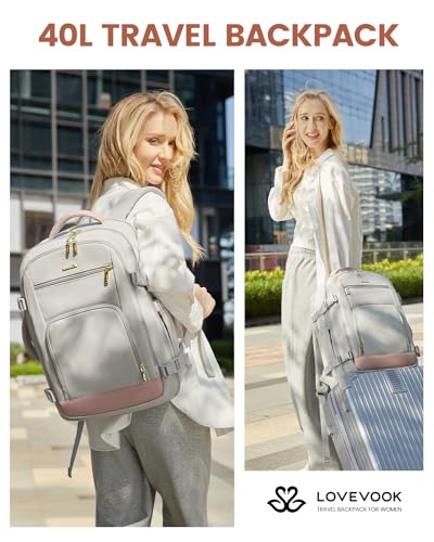 LOVEVOOK Travel Backpack For Women, 40L Carry On Backpack Flight Approved, TSA Personal Item Travel Bag Fits 17 Inch Laptop, Business Weekender Overnight Waterproof Daypack With 2 Cubes, Grey-Pink - color: Pink-grey, size: 40l-17.3 Inch-3pcs