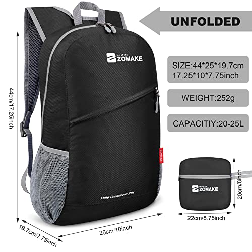 ZOMAKE Lightweight Packable Backpack 20L,Foldable Backpacks Small Daypack for Hiking Water Resistant Day Bag for Travel(Black) - color: Black