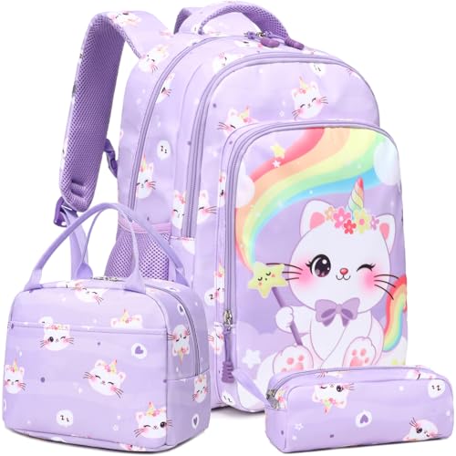 Girls Backpack for Elementary Kids School Bookbag Set Cute Unicorn Backpacks for Girls Water Resistant - color: Caticorn Purple