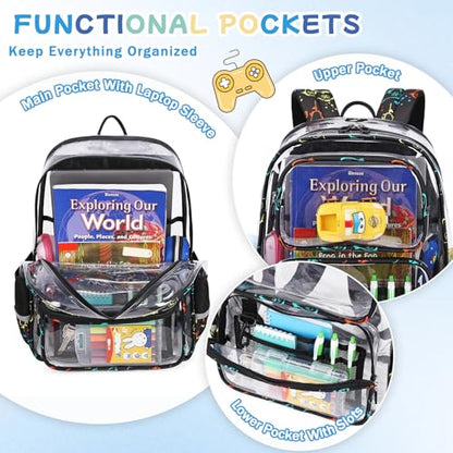 Sisipoet Clear Backpack for School, Heavy Duty PVC Transparent Bookbag, Funny Kids Backpacks with Game Print, Black - color: Black/Game