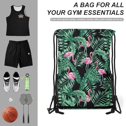 Tropical Flamingos Drawstring Backpack Gym Bag With Shoe Compartment String Bag Sport Beach Swimming Sackpack For Women Men - color: Tropical Flamingos