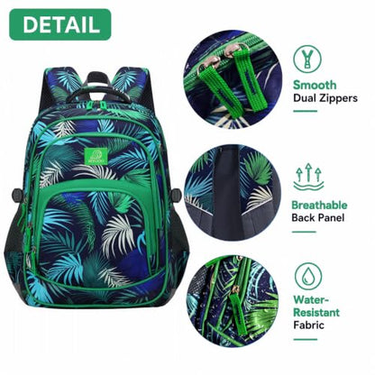 MYGOO Boys School Backpack Grove Foliage Green Bookbag for Elementary Middle School Ages 5-12, 17 inch Large Capacity 24L Kids Student Travel Bags - color: Grove Foliage Green