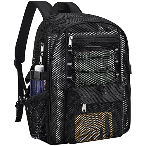 Mesh Backpack Heavy Duty for School, 23L Mesh Bookbag for Adults, See Through Black Mesh School Bag with Laptop Pocket for Work Swimming Beach Fitness Sport - color: Black, size: 23L