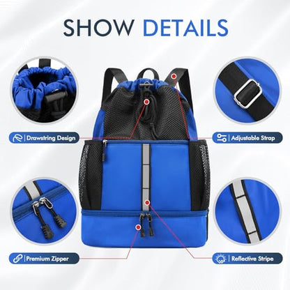 PinCute Drawstring Gym Bag for Men/Women - Mesh Beach Swim Bags Sports Backpack with Wet Pocket&Shoe Compartment, Lightweight - color: Blue
