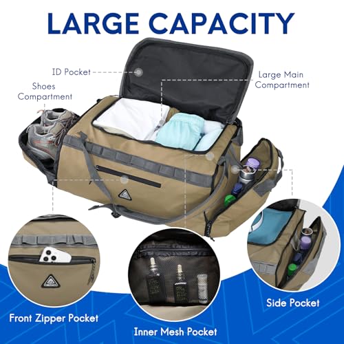Haimont Duffel Backpack Bag 50L Water Repellent Sports Gym Bag Foldable Men Women with Shoe Compartment for Travel Hiking Camping Outdoor, Upgrade, Khaki - color: Khaki
