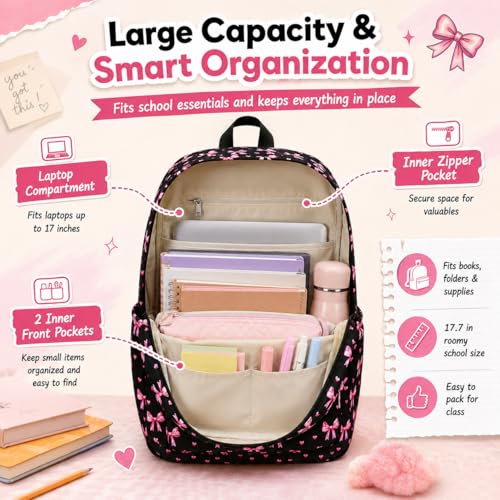 LOIDOU Girls Backpack for Kids Cute School Bookbag - color: Bow Black 215, size: L-17"