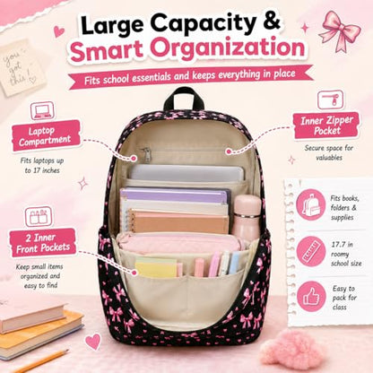 LOIDOU Girls Backpack for Kids Cute School Bookbag - color: Bow Black 215, size: L-17"