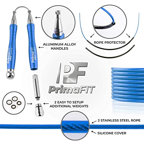 PrimaFIT Jump Rope Pro Speed Skipping Rope Adjustable Adult Jumping Rope Weighted Aluminium Handles for Double Dutch Boxing Workout Crossfit Exercise Fitness Spare Cable Weights Protectors Carry Bag - color: Blue